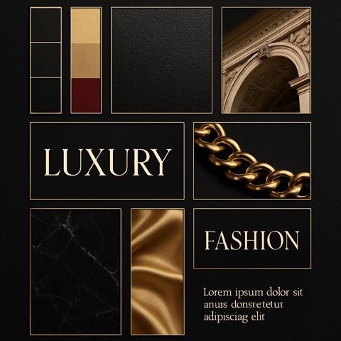 A structured brand moodboard combining color, material, typography, and imagery