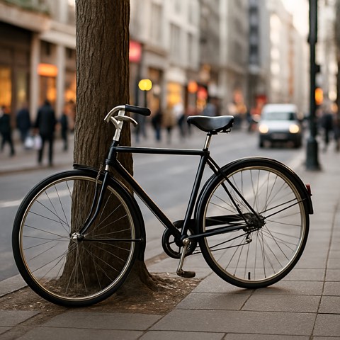 An urban bicycle scene composed with deliberate subject placement and background space